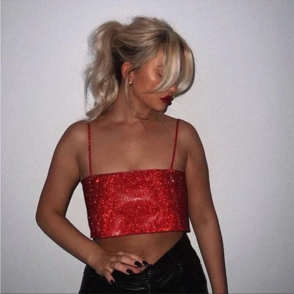 zara red shiny crop top